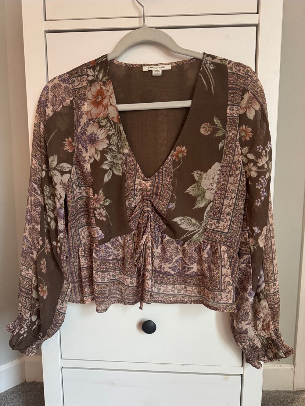American Eagle Outfitters Brown Floral V-Neck Blouse